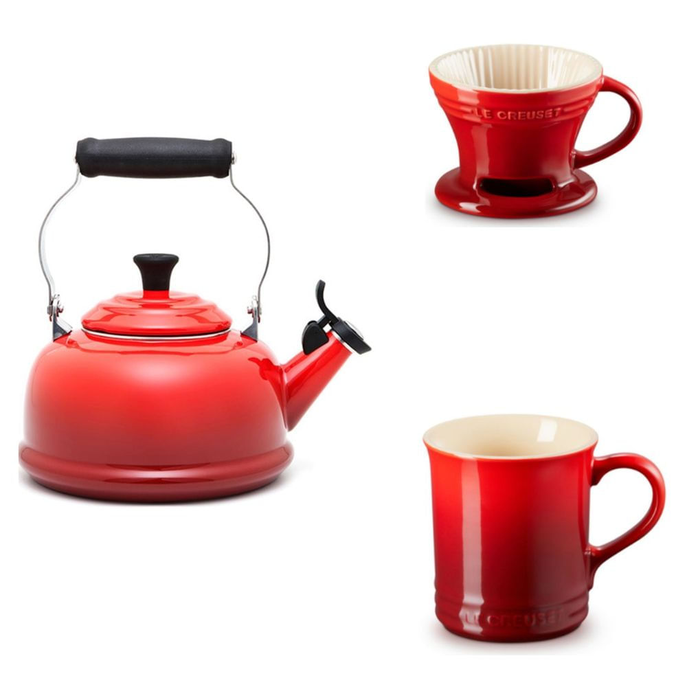 KIT LE CREUSET COADOR CANECA 400ML E CHALEIRA TRADICIONAL 1,6L VERMELHO