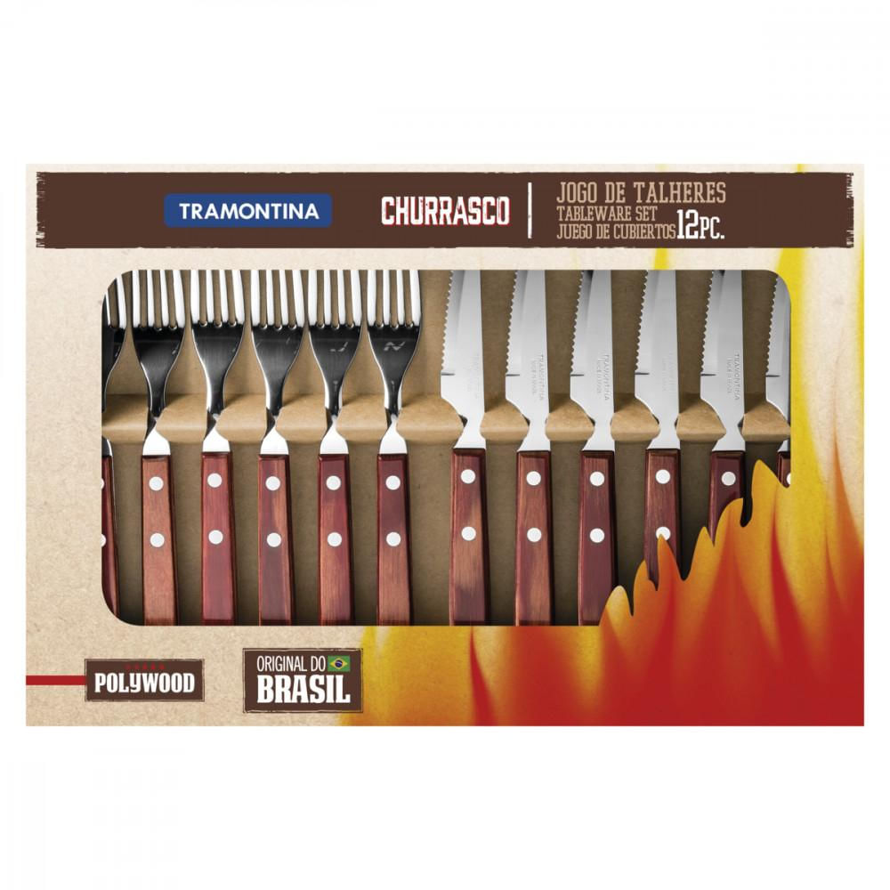 Jogo de Talheres para Churrasco Tramontina em Aço Inox com Cabo Vermelho Polywood 12 Peças