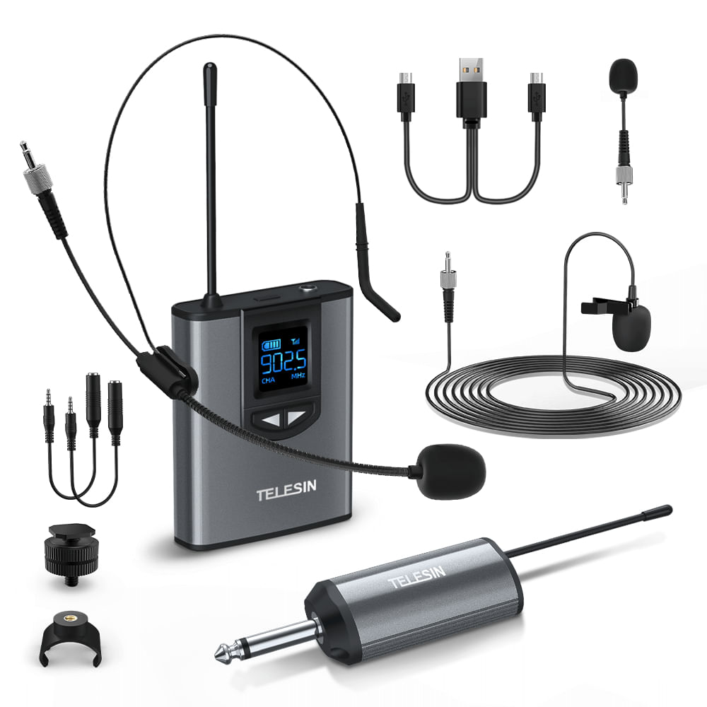 Sistema de Microfone Sem Fio com Transmissor e Receptor UHF - Telesin