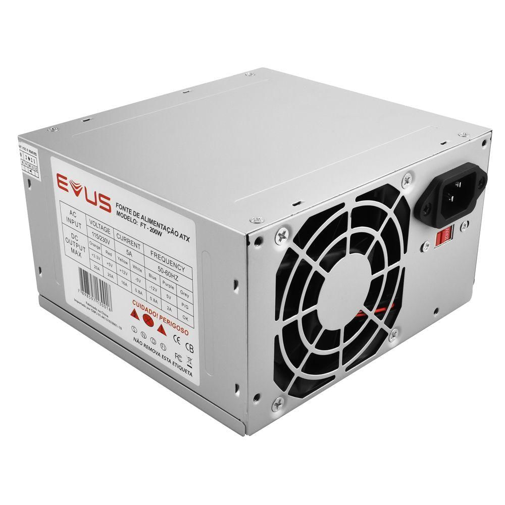 Fonte Evus Ft-200w Atx 200w Real 20-24p 3 Sata Com Cabo