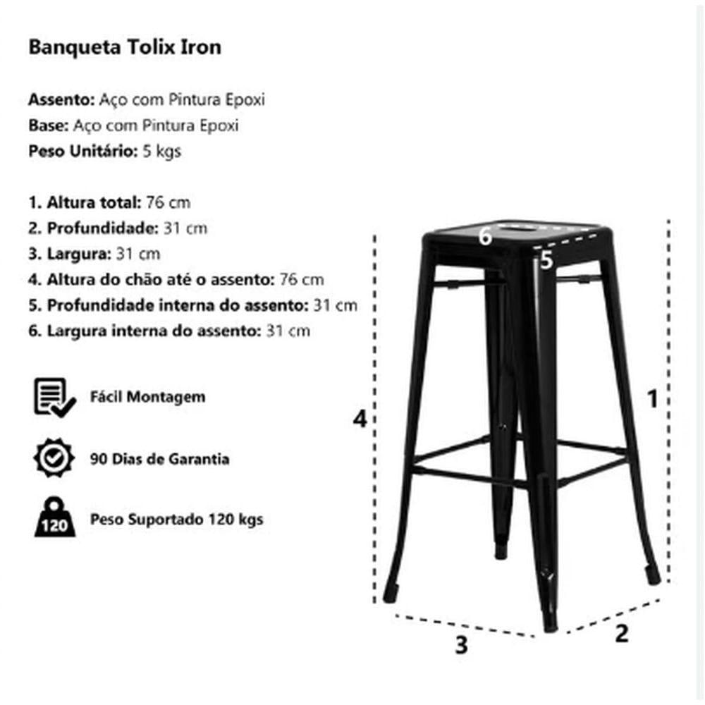 Kit - 4 X Banquetas Altas Iron Tolix - 76 Cm - Preto - Semibrilho