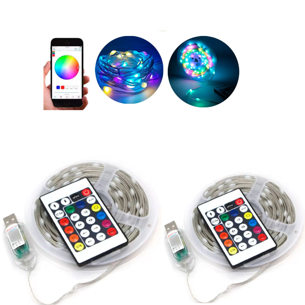 Kit com 2 Fio LED 10 Metros Decorativo 100 LEDs com Controle Remoto e Modo de Controle via APP