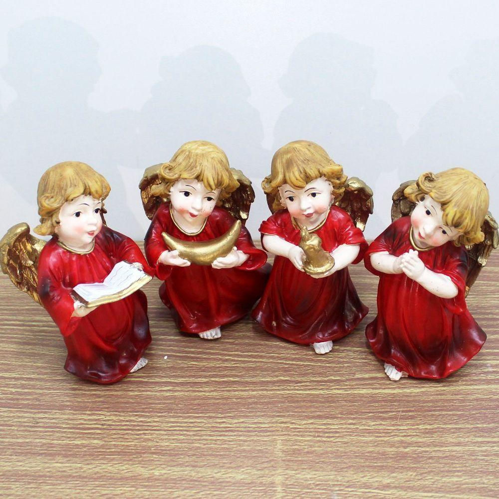 Kit Estatuetas Anjinho Anjo Vermelho Natal Em Resina De 13cm