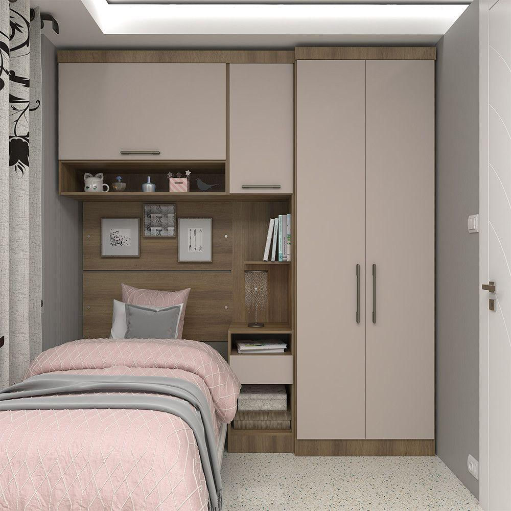 Quarto De Solteiro Com Guarda Roupas Mesa De Cabeceira E Nicho Paris Luciane Móveis Avelã Pf Com C