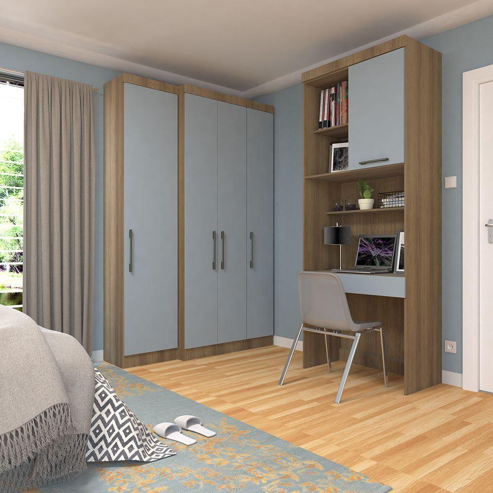 Quarto Home Office Com Guarda Roupas E Bancada De Estudos Paris Luciane Móveis Avelã Pf Com Grey S