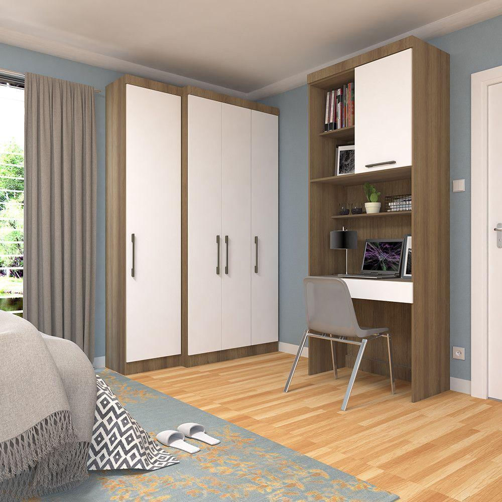 Quarto Home Office Com Guarda Roupas E Bancada De Estudos Paris Luciane Móveis Avelã Pf Com Branco