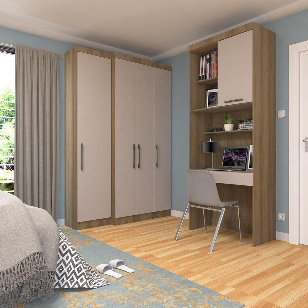Quarto Home Office Com Guarda Roupas E Bancada De Estudos Paris Luciane Móveis Avelã Pf Com Cinamm