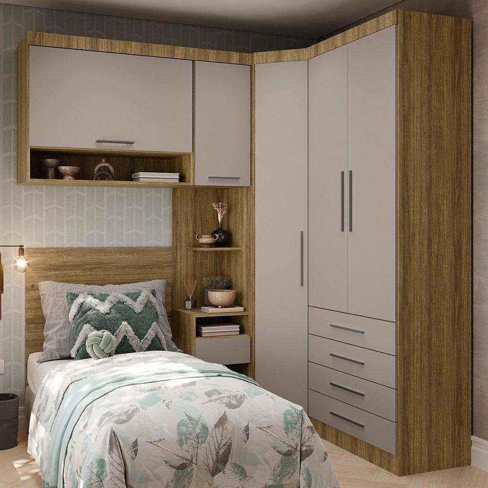 Quarto De Canto Solteiro Com Guarda Roupas Cabeceira Paris Luciane Móveis Avelã Pf Com Cinammon Pf