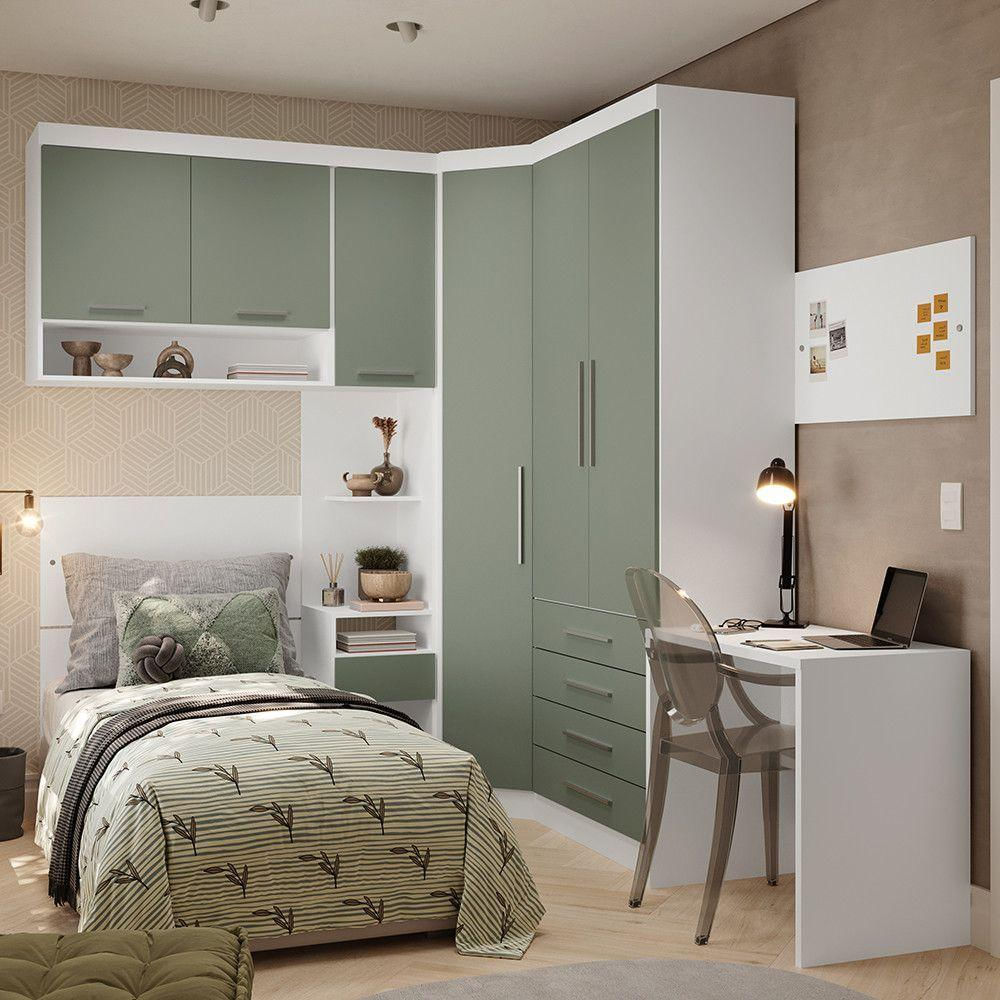 Quarto De Canto Solteiro Com Guarda Roupas Cabeceira E Escrivaninha Alpes Luciane Móveis Branco Pf