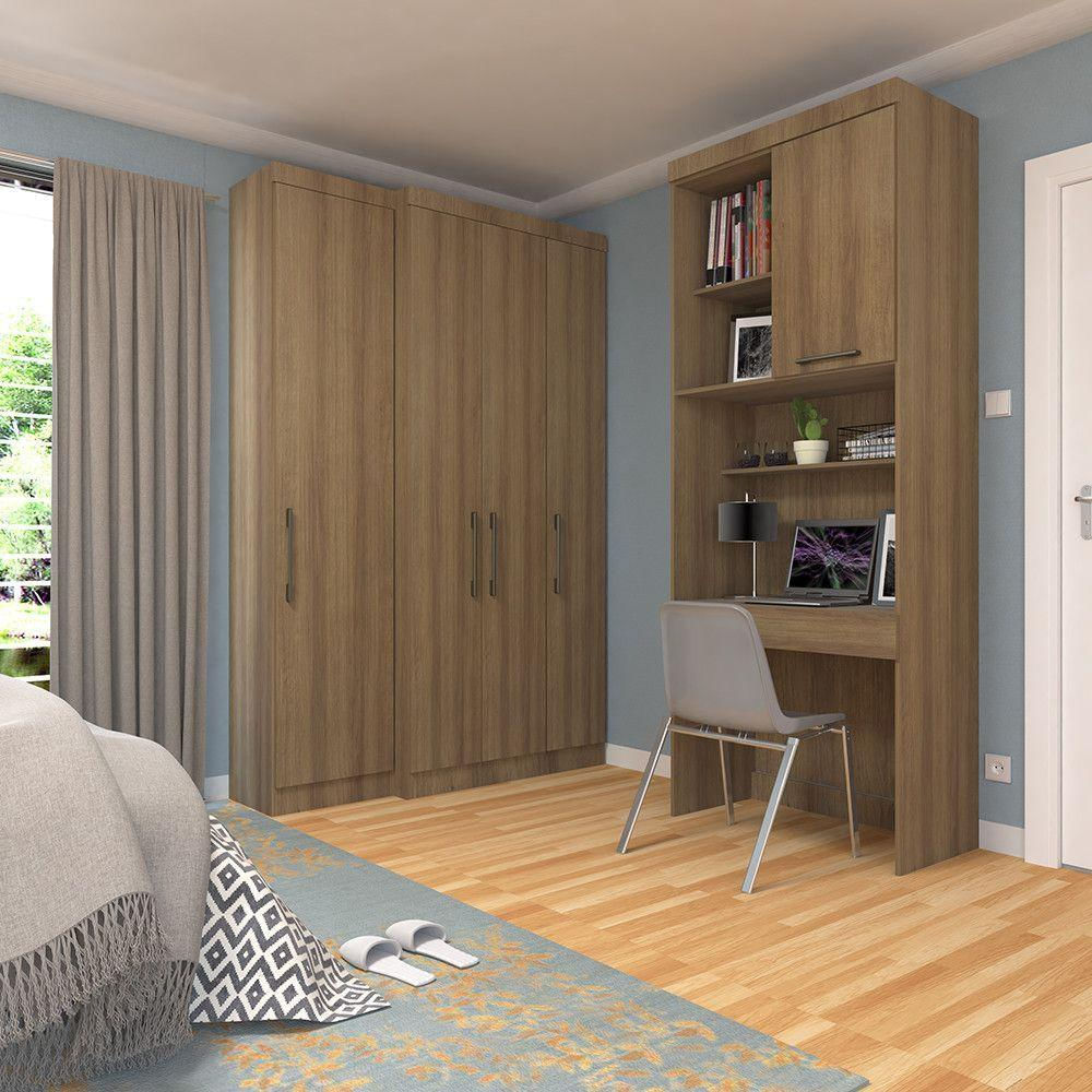Quarto Home Office Com Guarda Roupas E Bancada De Estudos Paris Luciane Móveis Avelã Pf Com Avelã Pf
