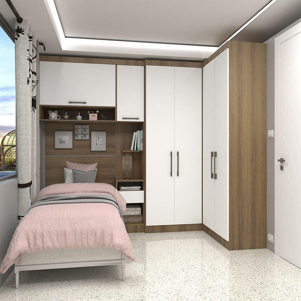 Quarto De Canto Solteiro Com Guarda Roupas Cabeceira E Mesa De Cabeceira Paris Luciane Móveis Avel