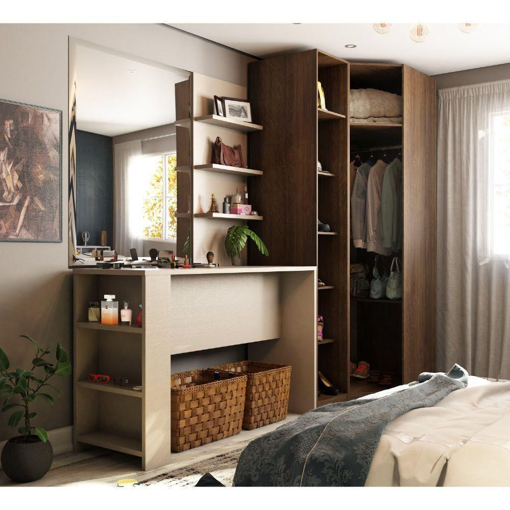 Guarda Roupa Prateleiras E Bancada Com Painel Dourado Com Connect