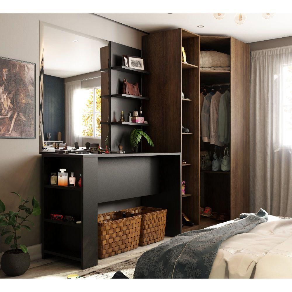 Guarda Roupa Prateleiras E Bancada Com Painel Dourado Com PTxt