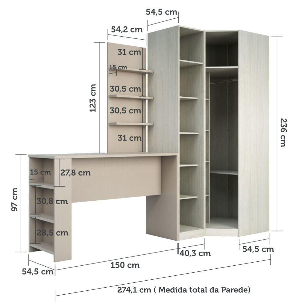Guarda Roupa Prateleiras E Bancada Com Painel Crema Com Connect