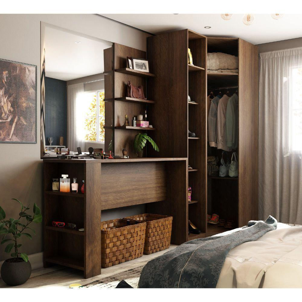 Guarda Roupa Prateleiras E Bancada Com Painel Dourado Com Nogueira