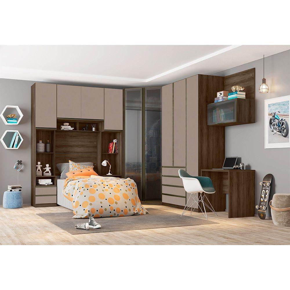 Guarda Roupa Solteiro De Canto Vidro C/ Escrivaninha Connect