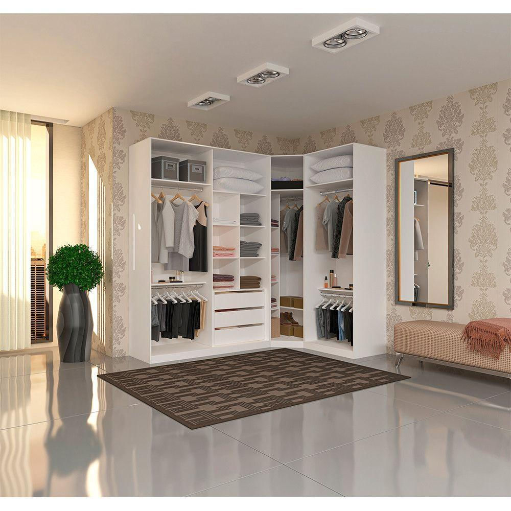 Guarda Roupa Canto 3 Gavetas, 5 Cabideiros Branco Branco