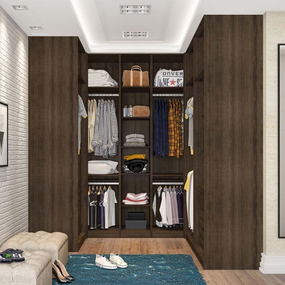 Guarda Roupa Canto Em U Com 6 Gavetas, 5 Cabideiros Dourado