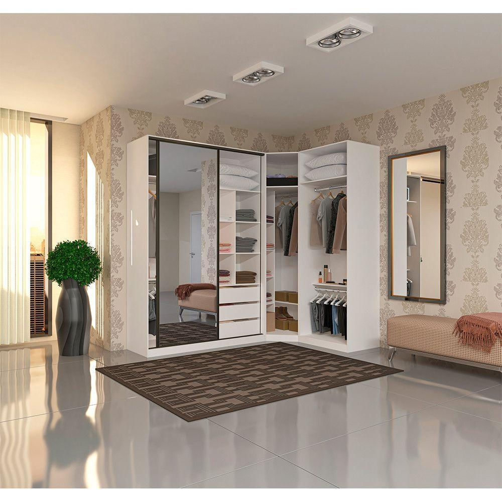 Guarda Roupa Canto 3 Gavetas, 5 Cabideiros Branco Branco