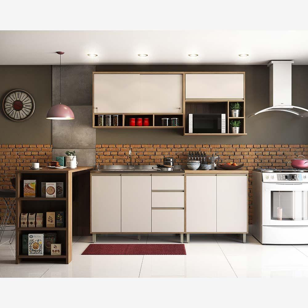 Armário De Cozinha Completa Modulada 7 Peças Sem Tampo De 120 Mel Vanilla Com Pérola Off