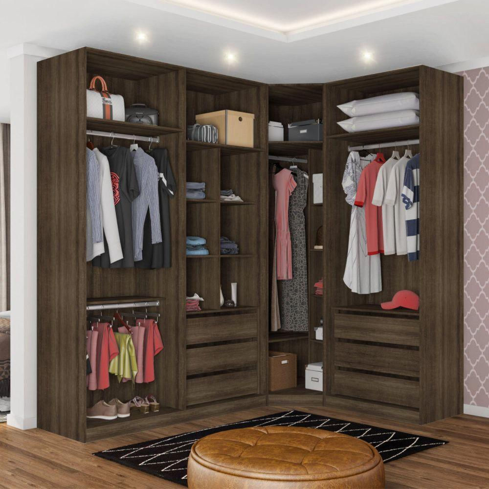 Guarda Roupa Canto 3 Peças, 6 Gavetas, 4 Cabideiros Dourado