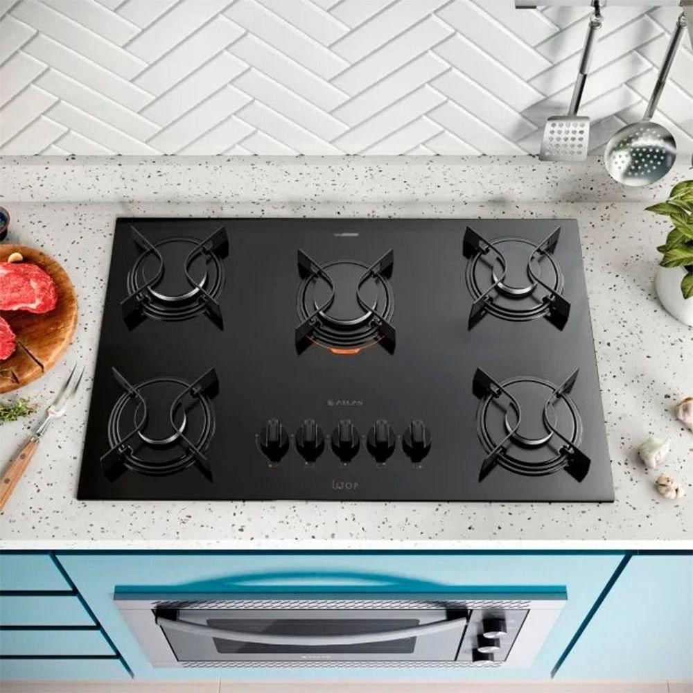 Cooktop 5B Preto Com Mesa De Vidro Atlas U Top Preto Bivolt