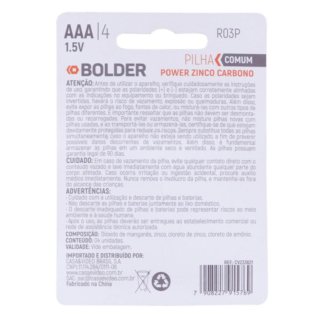 Pilha de Zinco Carbono AAA com 4 Bolder