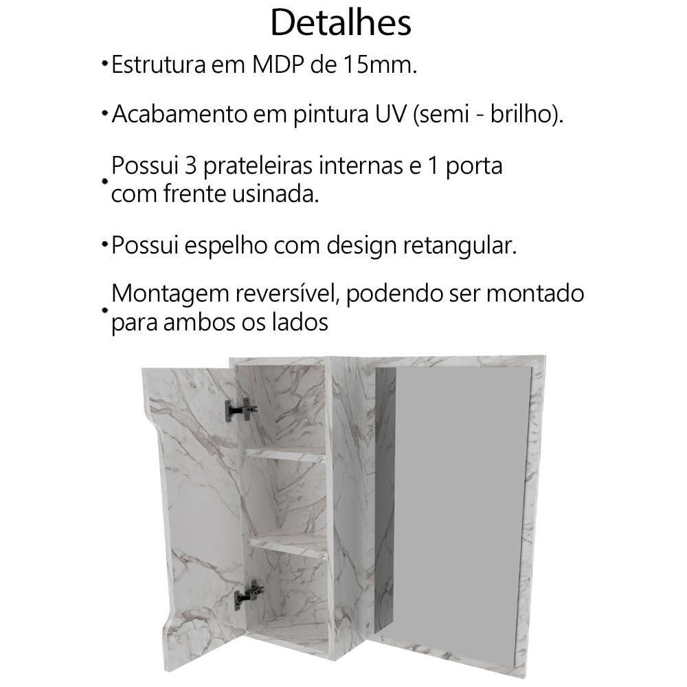 Espelheira Para Banheiro 60 Cm 1 Porta Bn3648 Marmore Branco Tecno Mobili Marmore Branco