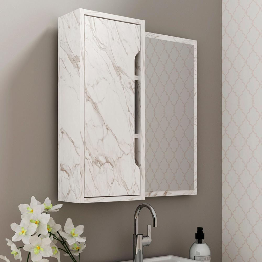 Espelheira Para Banheiro 60 Cm 1 Porta Bn3648 Marmore Branco Tecno Mobili Marmore Branco