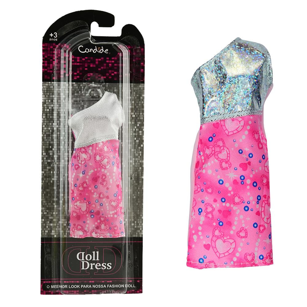 Vestido Para Boneca - Basic Doll Dress - Rosa Com Cinza