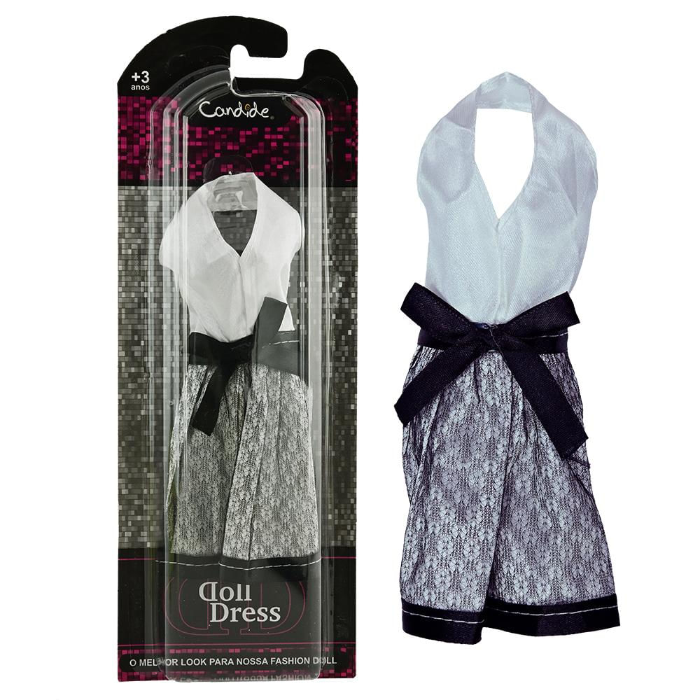 Vestido Para Boneca - Basic Doll Dress - Branco E Cinza Com Laço