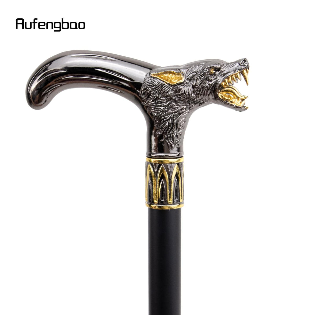 Cano de Andar Decorativo com Cabeça de Lobo Dourado e Preto 93cm preto