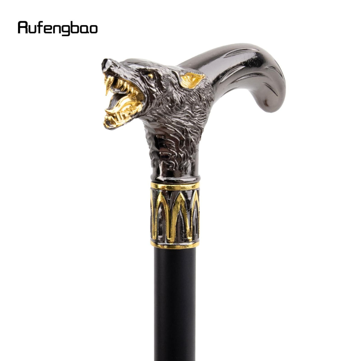 Cano de Andar Decorativo com Cabeça de Lobo Dourado e Preto 93cm preto