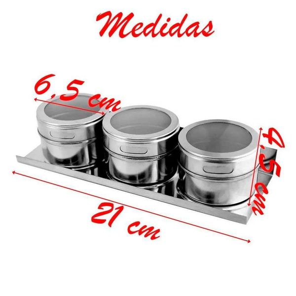 Porta Condimento Tempero Magnético Inox 3 Potes Com Imã