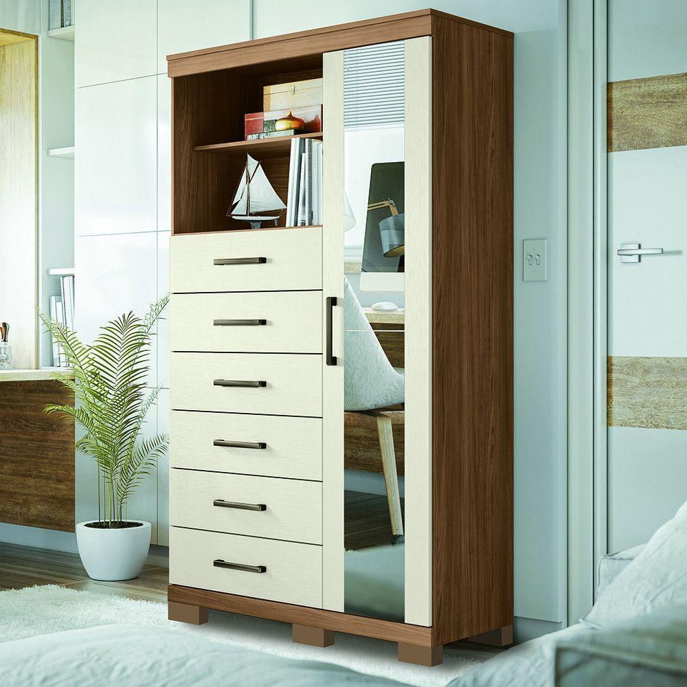 Cômoda Multiuso 1 Porta 6 Gavetas Com Pés E Espelho Marabá Santos Andirá Jatoba/areia
