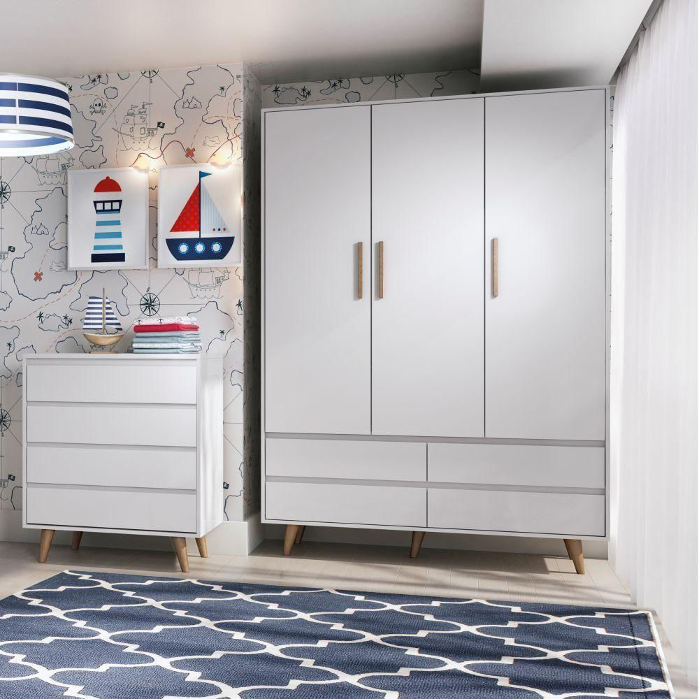 Quarto De Bebê Roupeiro 3 Porta Com Gavetas Cômoda Branco