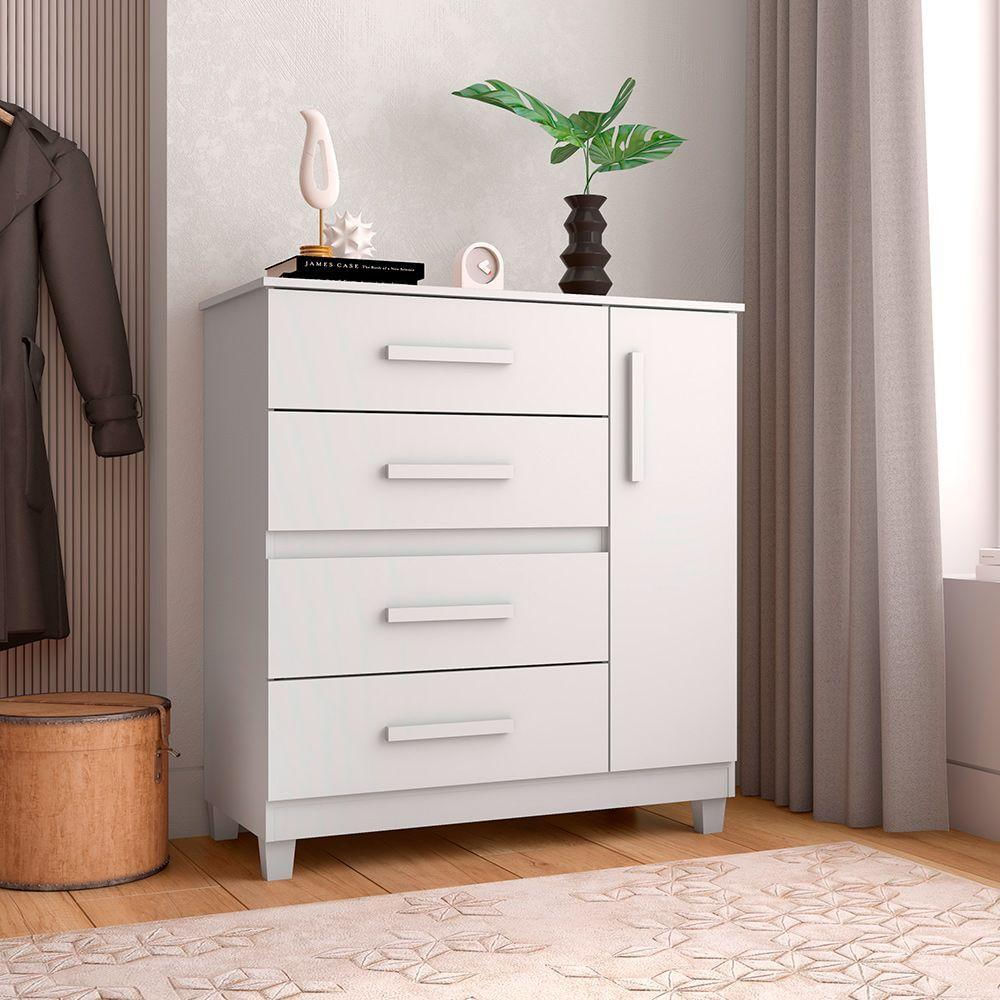 Cômoda Para Quarto 4 Gavetas E 1 Porta Victoria Branco - Cor: Branco