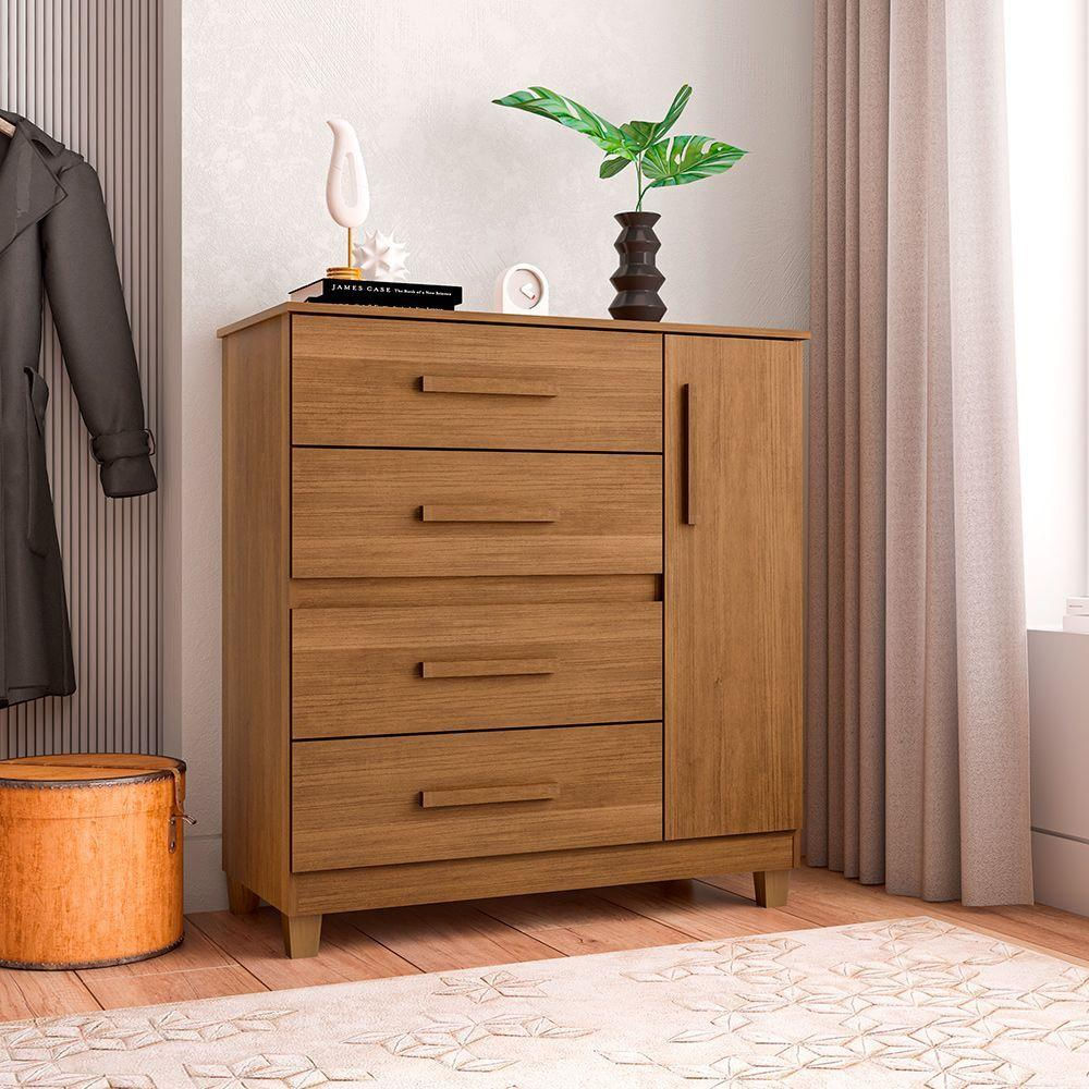 Cômoda Para Quarto 4 Gavetas E 1 Porta Victoria Amêndoa - Cor: Marrom