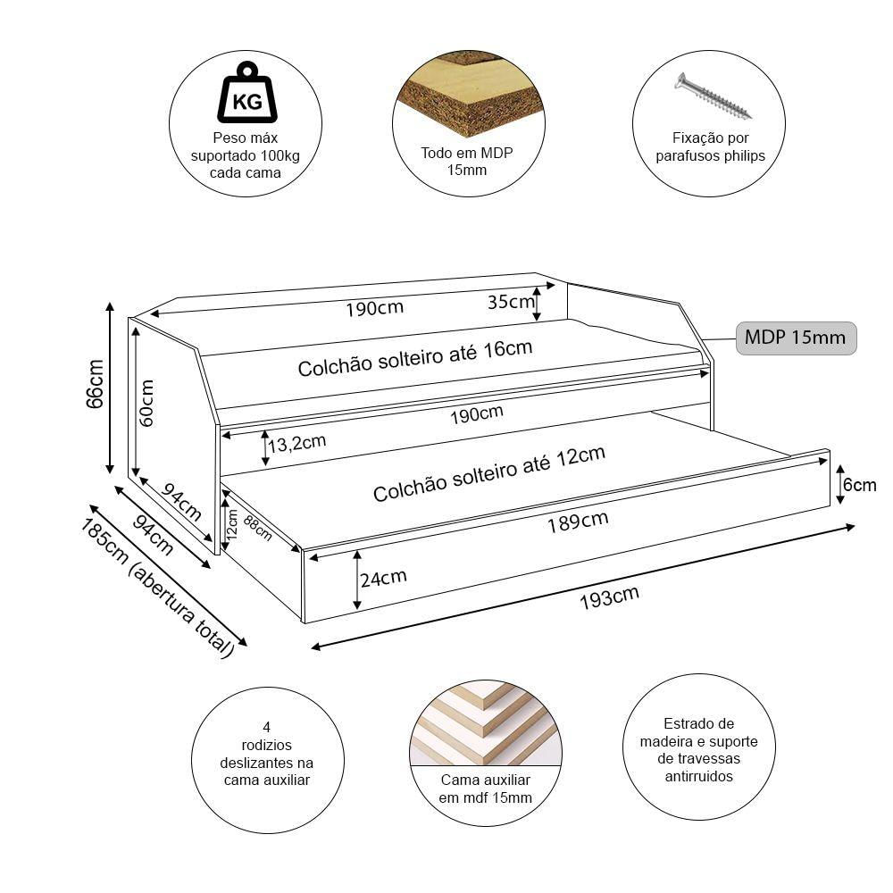 Bicama Solteiro Duo Com Cama Auxiliar Em Mdf Premium Branco - Cor: Branco