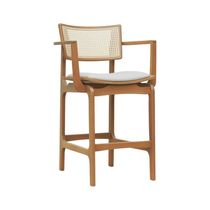 Banqueta Alta Bistrô Apollo Com Braços Encosto Telinha Natural E Assento Anatômico - Natural Estofado Corano Bege