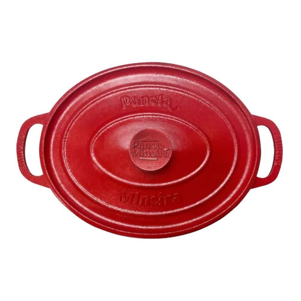 Caçarola Ferro Oval Estilo Alça Tampa Vermelha 26X20Cm 3,5L