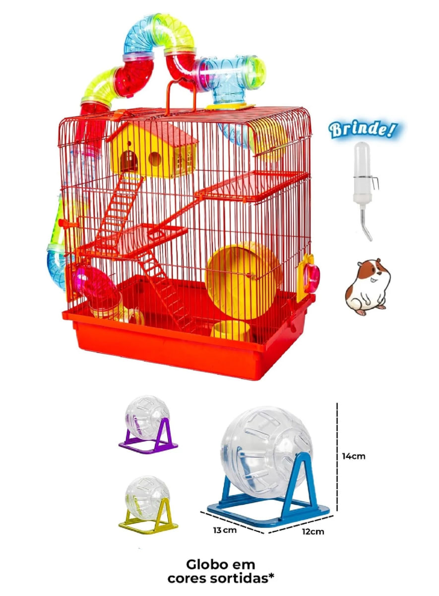 Gaiola Hamster 3 Andares Tubo Luxo Vermelha Globo+Bebedouro