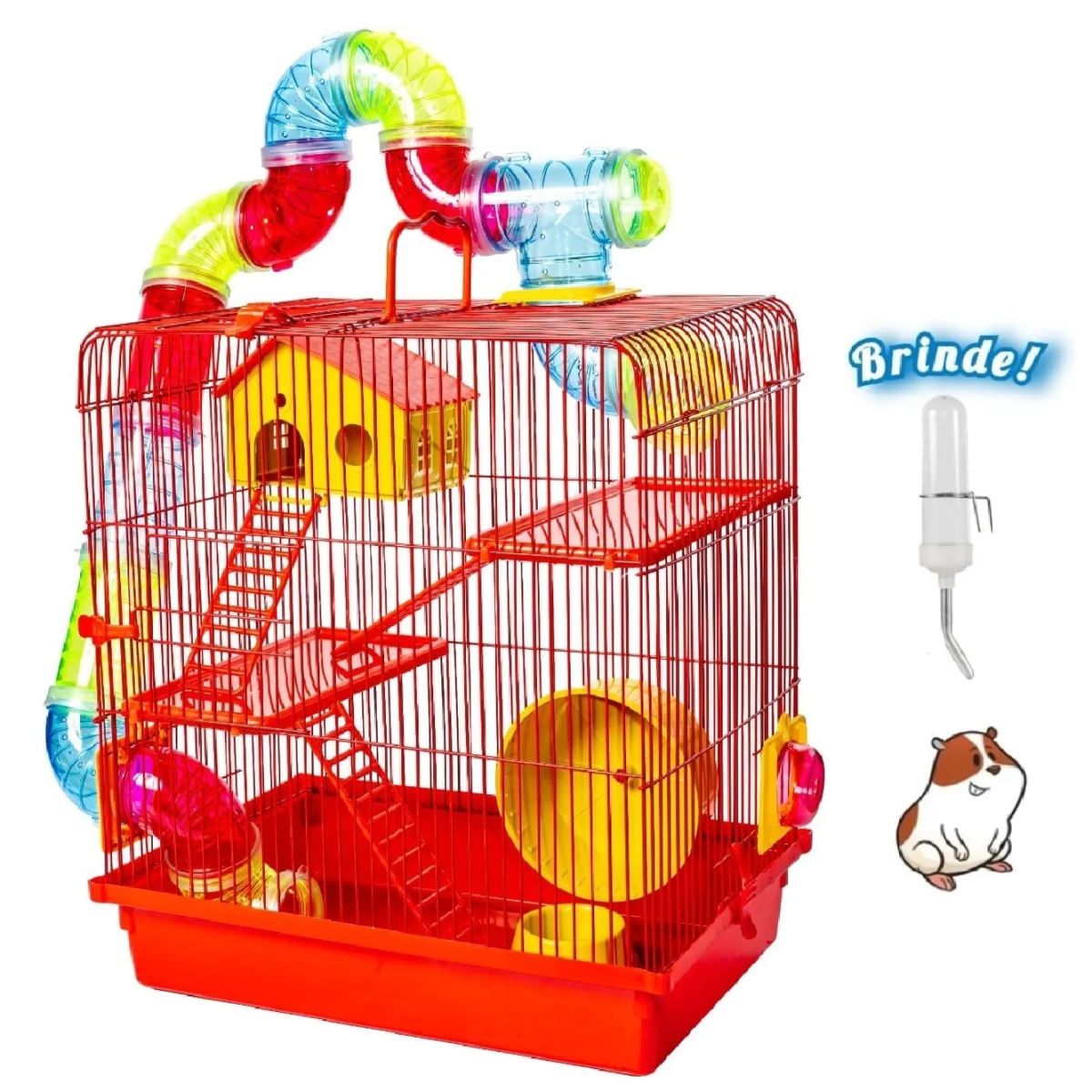 Gaiola Hamster 3 Andares Tubo Super Luxo Vermelha+Bebedouro