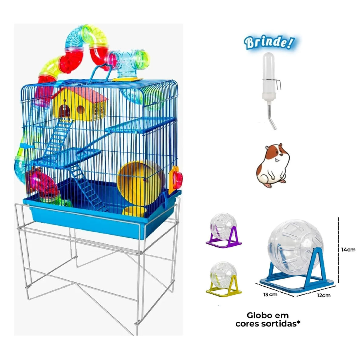 Gaiola Hamster Tubo Luxo Azul Com Suporte Globo + Bebedouro