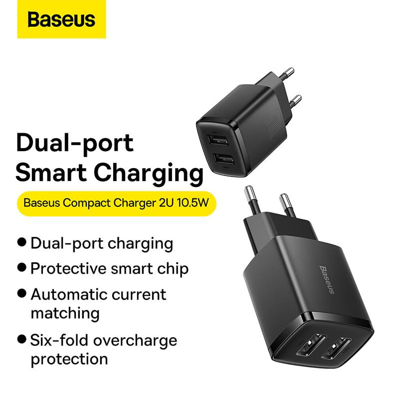 Carregador Compacto Dual USB 10.5W Baseus preto