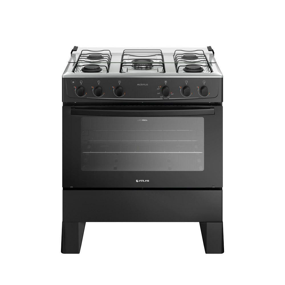 Fogão 5 Bocas Com Mesa Inox Milão Plus 300001773 Atlas Preto Bivolt