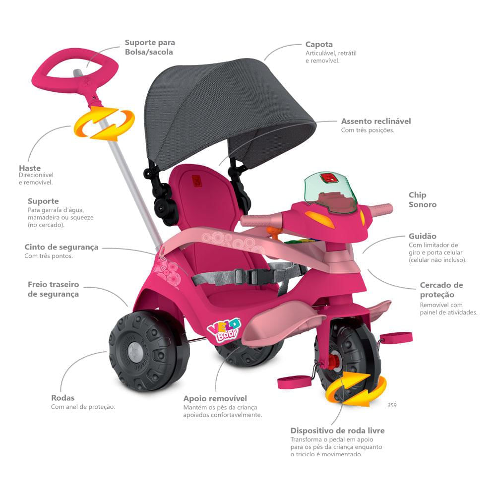 Triciclo Velobaby Reclinavel Capota Passeio e Pedal Rosa - Bandeirante