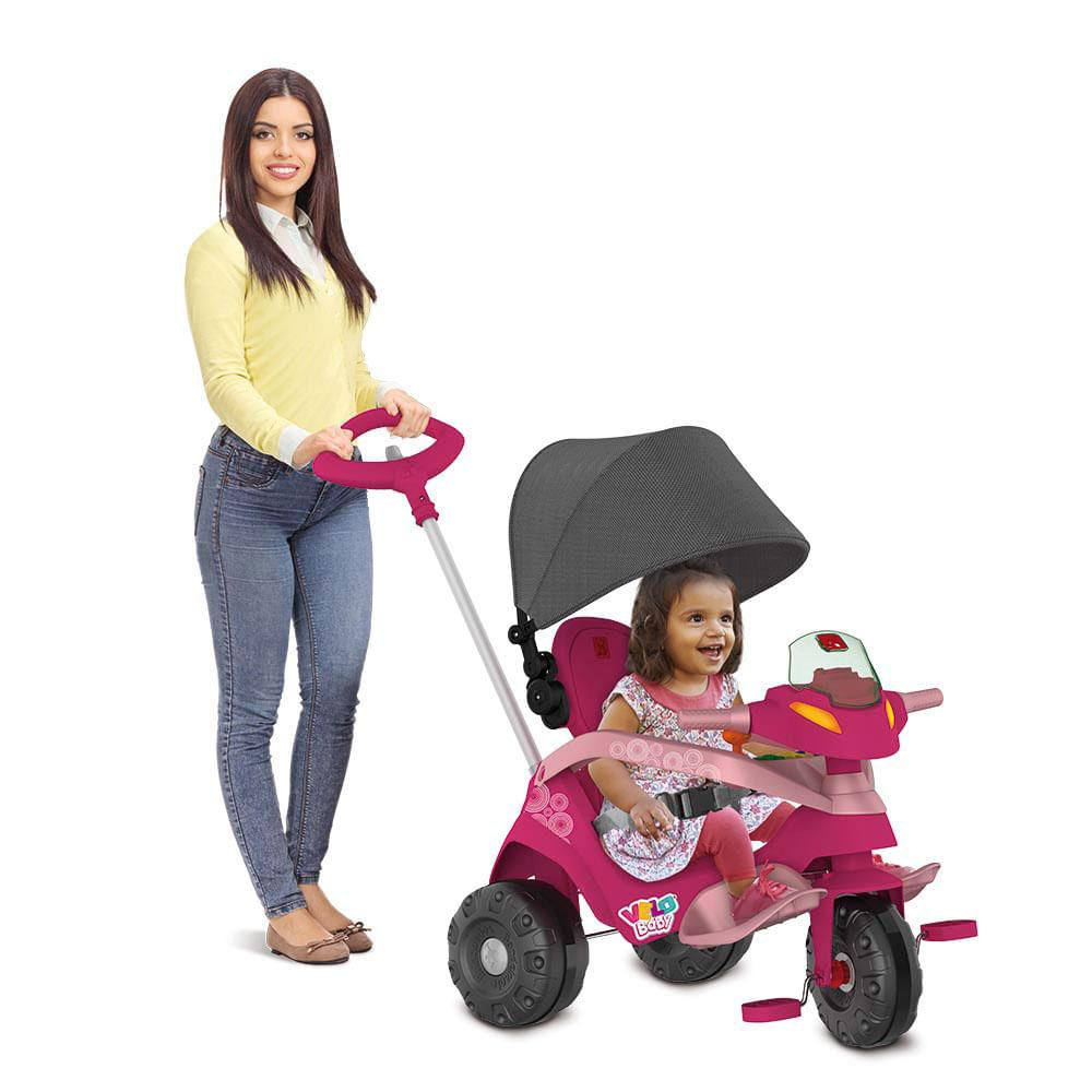 Triciclo Velobaby Reclinavel Capota Passeio e Pedal Rosa - Bandeirante