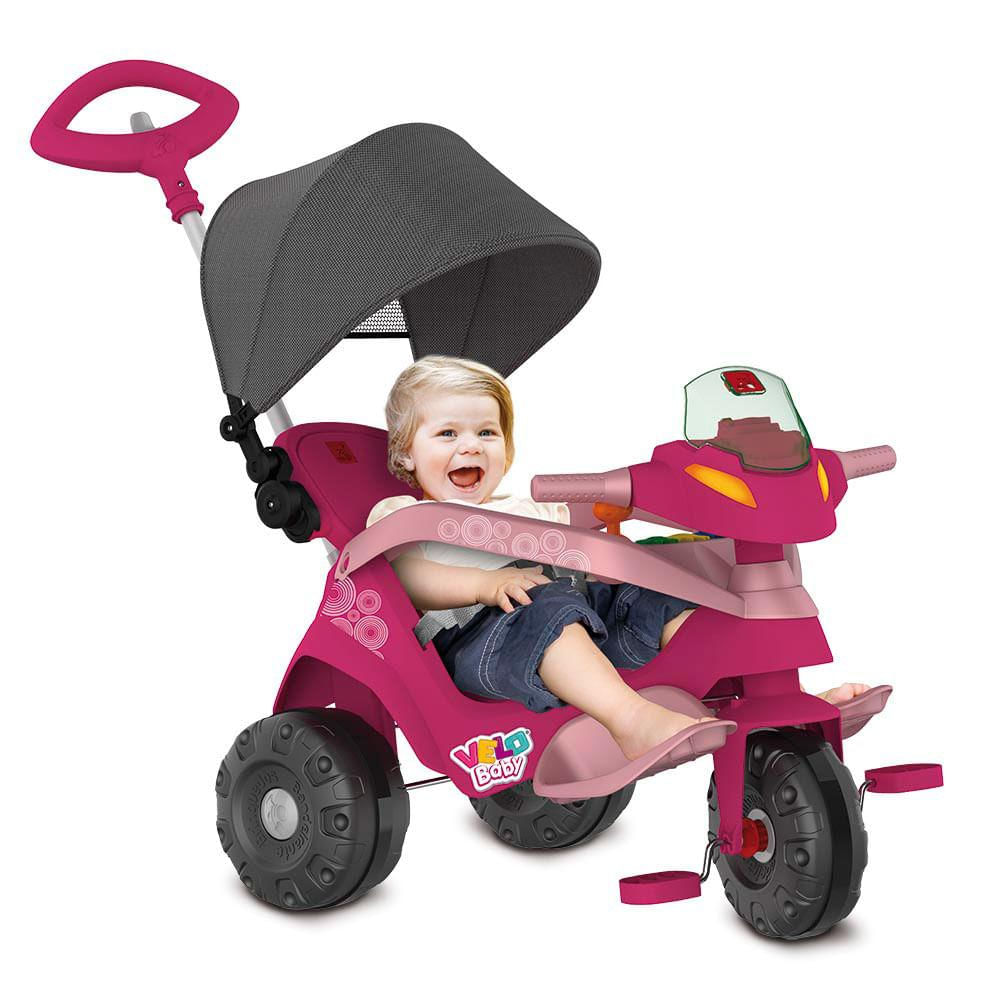 Triciclo Velobaby Reclinavel Capota Passeio e Pedal Rosa - Bandeirante