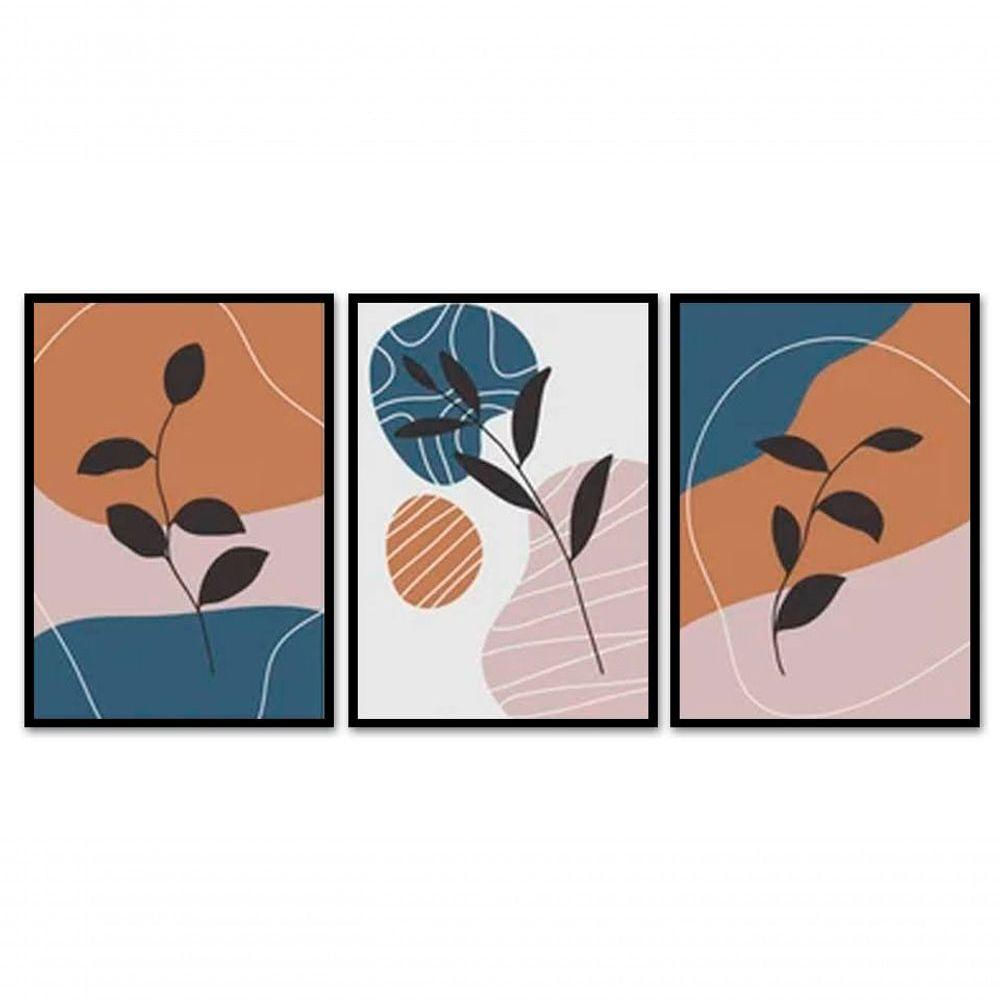 Kit Com 3 Quadros Decorativos 70x50 Cm Abstrato Minimalista Moldura Caixa Preta 3cm Profundidade